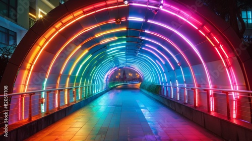 Rainbow light tunnel, perfect for LGBTQ pride events, art installations, and creative marketing materials celebrating diversity and inclusion
