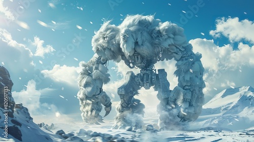 Create a 3D image of a large, furry snow monster in a blizzard