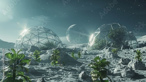 A futuristic 3D illustration of a Moon outpost colony featuring geodesic dome housing.