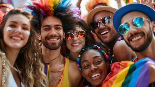 Diverse group of friends at LGBTQ pride parade, smiling and showing their support for equality and human rights © R Studio