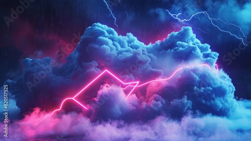 A captivating 3D render featuring an abstract background with a cloud and neon lightning sign in the night sky.
