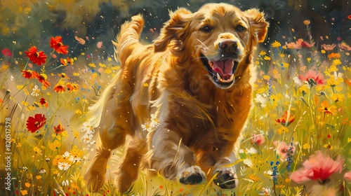 Oil painting capturing the joyful movement of a golden retriever running through a sunlit field of wildflowers