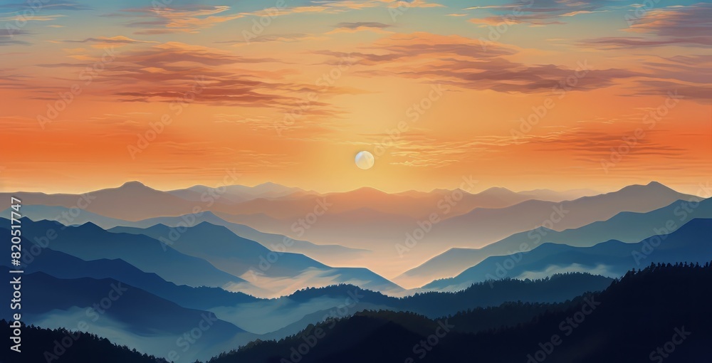 Fototapeta premium Majestic sunset over mountain ranges with vibrant colors and soft clouds