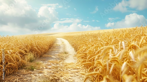 Outdoor photo capturing the essence of the Baisakhi festival, featuring a road cutting through a golden wheat field, devoid of people