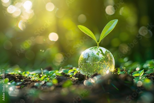 a green plant grows out of a shiny ball, surrounded by lush green leaves