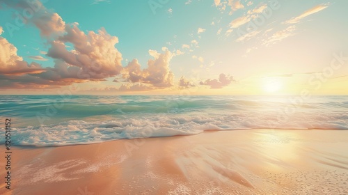 Photorealistic beach scene at sunset with soft blue, yellow, orange, and brown hues, high dynamic range, wide-angle view, empty beach, clear sky, a few white clouds, and softer tones