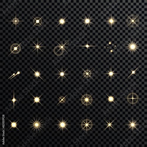 Effect sparkling stars light burst explosion, flickering and flashing lights. collection of different light effects on black background. transparent lens flares and lighting effects. vector design.