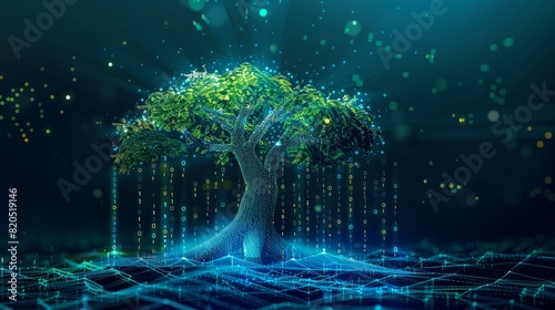 A futuristic digital tree with sprouts and binary code.   © Chingiz