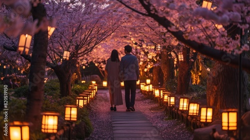Pathway of illuminated lanterns guiding couple through garden with blossoms.