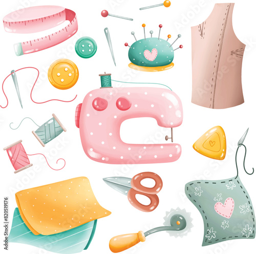 Set of Cute Sewing Kit Elements