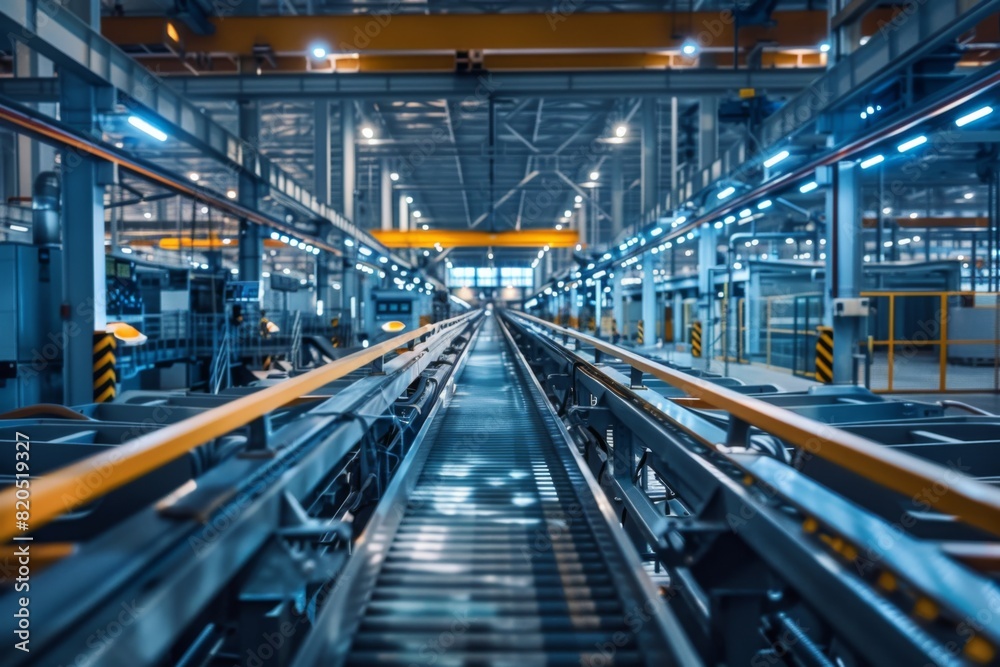 A sleek, modern factory floor filled with automated machinery and conveyor belts, showcasing a state-of-the-art manufacturing process A sleek, modern factory floor filled with automated machinery and conveyor belts, showcasing a state-of-the-art manufacturing process