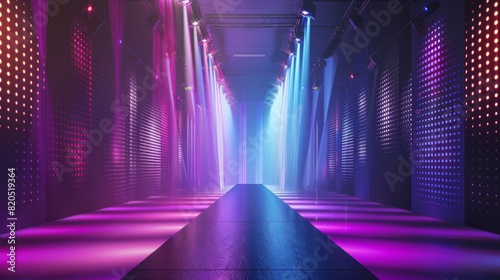A fashion runway stage with dramatic lighting effects.

