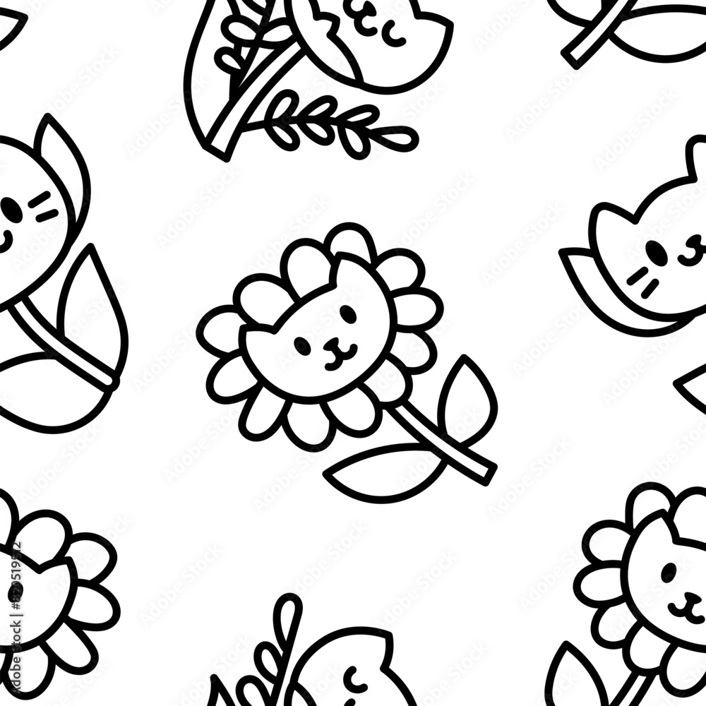 Kawaii flower cat. Seamless pattern. Coloring Page. Cute pet animal cartoon character. Hand drawn style. Vector drawing. Design ornaments. Kawaii flower cat. Seamless pattern. Coloring Page. Cute pet animal cartoon character. Hand drawn style. Vector drawing. Design ornaments.