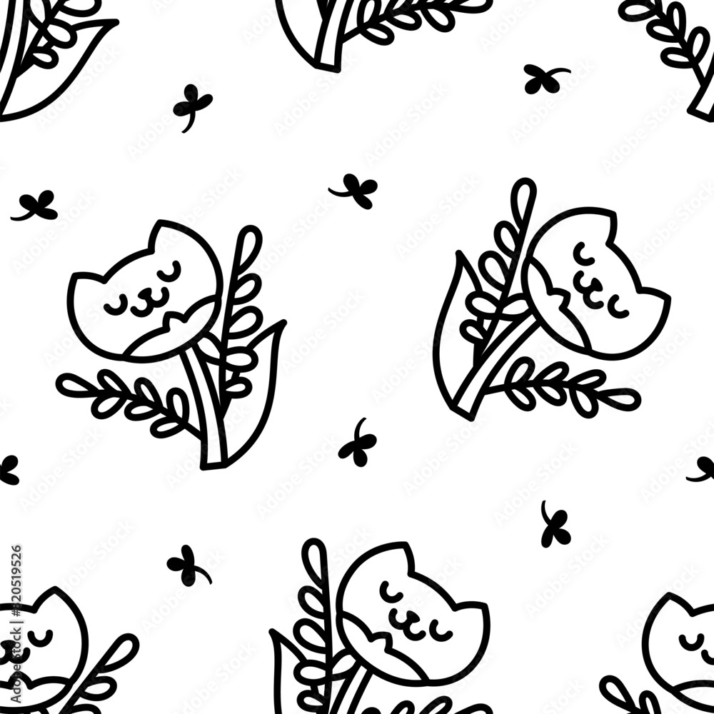 Kawaii flower cat. Seamless pattern. Coloring Page. Cute pet animal cartoon character. Hand drawn style. Vector drawing. Design ornaments. Kawaii flower cat. Seamless pattern. Coloring Page. Cute pet animal cartoon character. Hand drawn style. Vector drawing. Design ornaments.