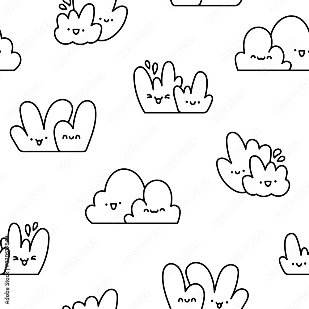 Kawaii cute lawn bush. Seamless pattern. Coloring Page. Cartoon plant grass character. Hand drawn style. Vector drawing. Design ornaments. Kawaii cute lawn bush. Seamless pattern. Coloring Page. Cartoon plant grass character. Hand drawn style. Vector drawing. Design ornaments.