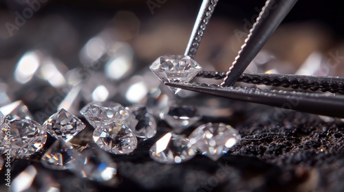 A loose diamond held by tweezers in a macro shot.

 photo