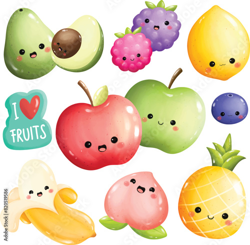 Set of Kawaii Fruits Cartoon Clipart