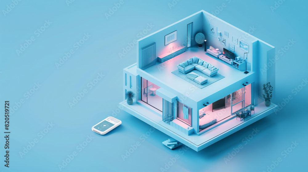 Amidst the isometric layout of a cutting-edge smart home, a remote control is held by a hand, overseeing the management of various modern smart home components. The minimal color palette and Amidst the isometric layout of a cutting-edge smart home, a remote control is held by a hand, overseeing the management of various modern smart home components. The minimal color palette and