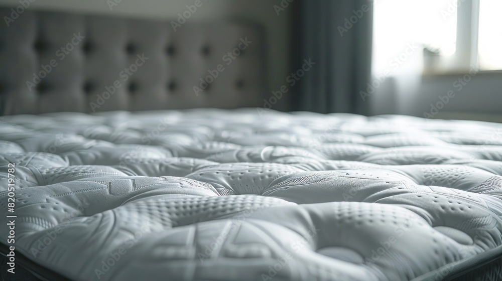 Fototapeta premium A soft mattress with a protector on a grey bed indoors.