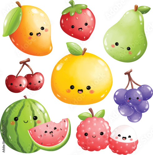 Set of Kawaii Fruits Cartoon Clipart