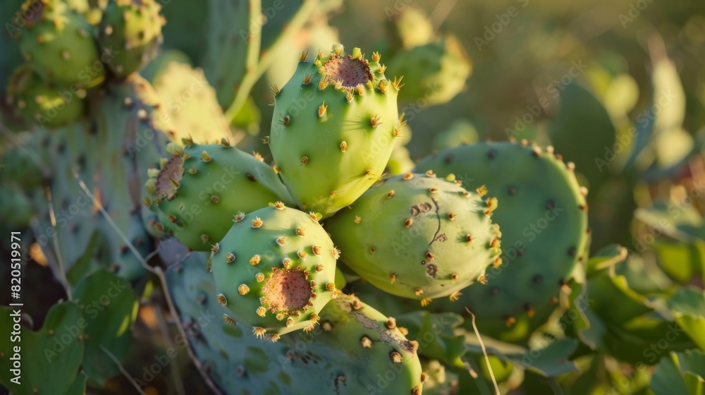 Green fruit of a prickly pear cactus, close-up view in the warm light of a desert sunset, capturing the texture and atmosphere of the desert Green fruit of a prickly pear cactus, close-up view in the warm light of a desert sunset, capturing the texture and atmosphere of the desert