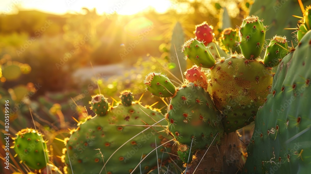 Green fruit of a prickly pear cactus, close-up view in the warm light of a desert sunset, capturing the texture and atmosphere of the desert Green fruit of a prickly pear cactus, close-up view in the warm light of a desert sunset, capturing the texture and atmosphere of the desert