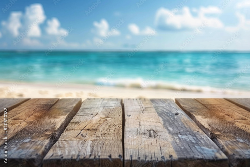 A wooden desk top with blurred background of beach. Good for background 