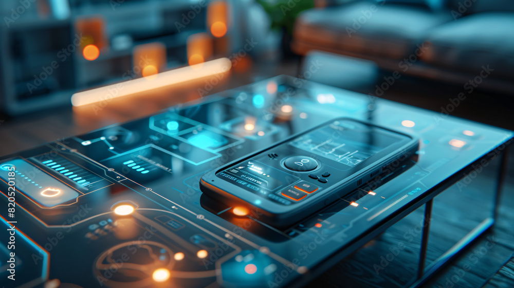In a futuristic depiction of home technology, an individual uses a remote control to interact with the components of an AI-augmented reality smart home. The isometric layout and minimal color scheme In a futuristic depiction of home technology, an individual uses a remote control to interact with the components of an AI-augmented reality smart home. The isometric layout and minimal color scheme