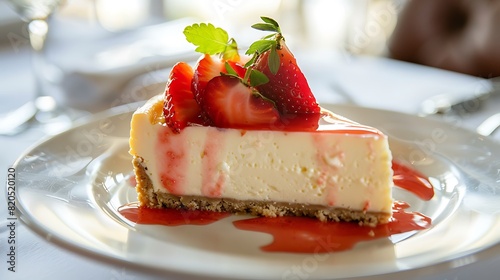 Decadent slice of New York cheesecake served on a white dessert plate, topped with a luscious strawberry compote for a sweet indulgence. photo