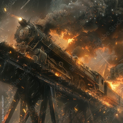 Intense scene of a train on a bridge amidst a battle, close-up view with flames and smoke engulfing the area, capturing the chaos and drama