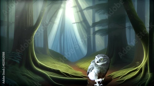 Di dalam hutan terlihat burung hantu, dengan pemandangan hutan dan Sunlight, looping seamles animasi time lapse background 4k photo