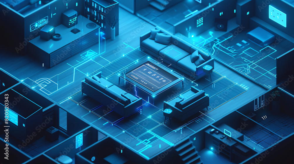 In a futuristic depiction of home technology, an individual uses a remote control to interact with the components of an AI-augmented reality smart home. The isometric layout and minimal color scheme In a futuristic depiction of home technology, an individual uses a remote control to interact with the components of an AI-augmented reality smart home. The isometric layout and minimal color scheme