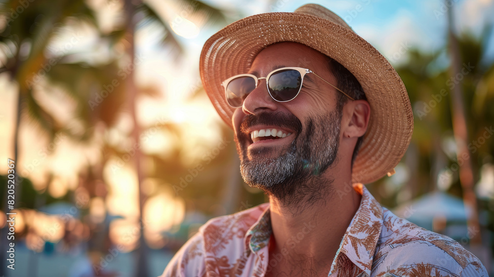 © boxstock production - Cheerful man wearing straw hat and sunglasses smiling with sea breeze on sandy beach at early sunrise