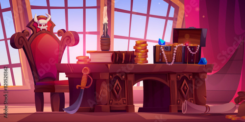Pirate ship cabin interior design. Vector cartoon illustration of old wooden room with large window, vintage wooden armchair with skull, treasure chest with gem stones, golden coins, antique book