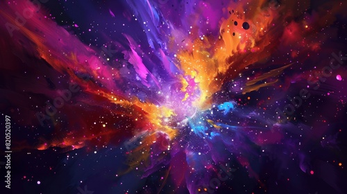 A colorful explosion on a dark space-themed background.