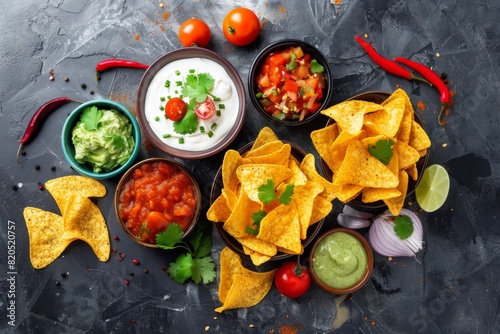 A vibrant image of potato chips accompanied by various exotic dips and garnishes, highlighting the versatility of the snack photo