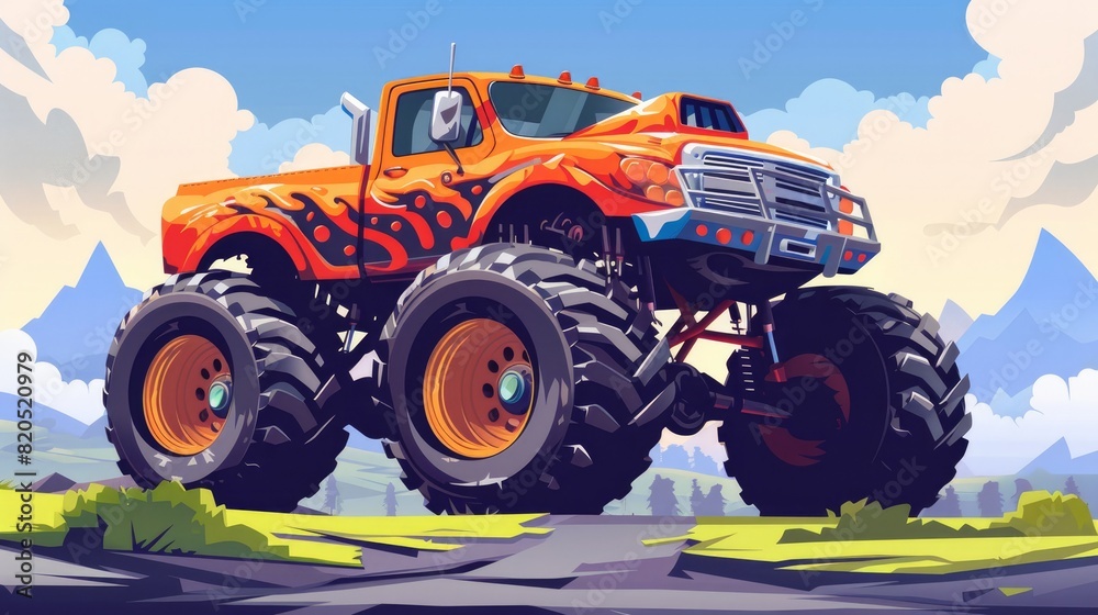 A colorful cartoon illustration of a monster truck.
A colorful cartoon illustration of a monster truck.