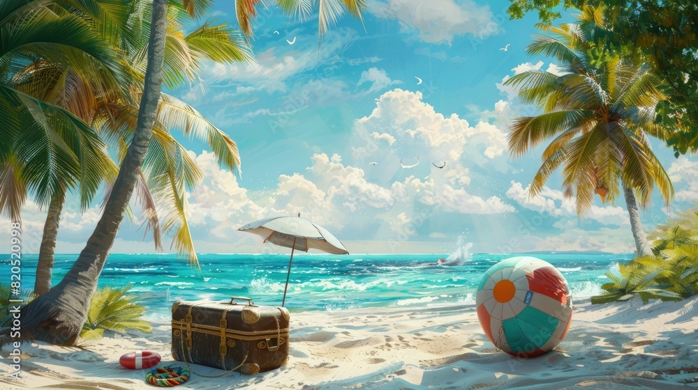 Nestled among the palm trees on a remote island, an open suitcase is positioned on the sand, next to a lively beach ball and a lifebelt