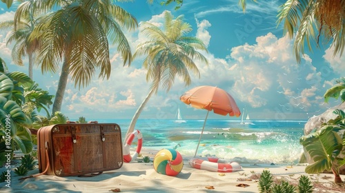 Nestled among the palm trees on a remote island  an open suitcase is positioned on the sand  next to a lively beach ball and a lifebelt