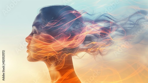 A woman's face is blurred and distorted, with a fiery orange streak running through it. Concept of chaos and confusion, as if the woman's thoughts are swirling and disordered