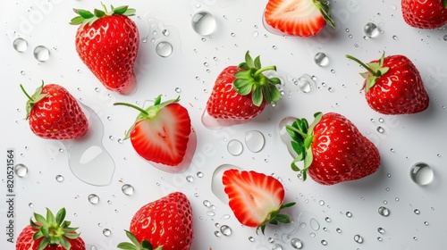 flat lay composition ripe strawberries with white water drop on white background