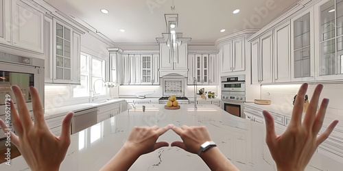 Custom kitchen design with female hands framing drawing and photo