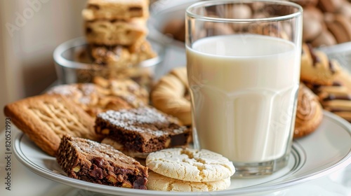 Plate filled with cookies and biscotti beside a glass of milk  close-up  isolated background  perfect for advertising  studio lighting enhancing appeal