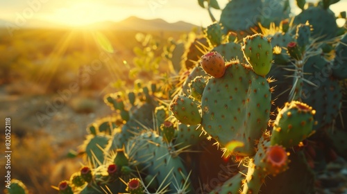 Prickly pear cactus with vibrant green fruit, illuminated by the golden light of a desert sunset, capturing the arid beauty of the landscape in close detail photo
