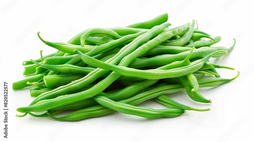 Steamed green beans in a detailed close-up, isolated white background, studio lighting emphasizing their natural green color and freshness, ideal for advertising Steamed green beans in a detailed close-up, isolated white background, studio lighting emphasizing their natural green color and freshness, ideal for advertising