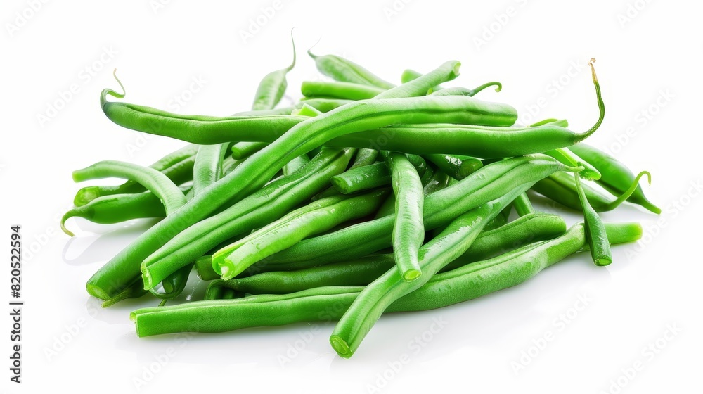 Steamed green beans in a close-up shot, isolated against a white background with studio lighting, highlighting their texture and freshness for an advertisement Steamed green beans in a close-up shot, isolated against a white background with studio lighting, highlighting their texture and freshness for an advertisement