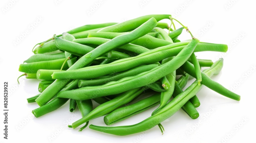Steamed green beans in a detailed close-up, isolated white background, studio lighting emphasizing their natural green color and freshness, ideal for advertising Steamed green beans in a detailed close-up, isolated white background, studio lighting emphasizing their natural green color and freshness, ideal for advertising