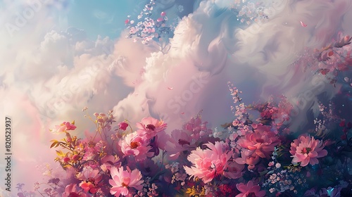 Digital painting of a surreal floral landscape  where vibrant flowers bloom amidst dreamy clouds and ethereal light against a pure white background.
