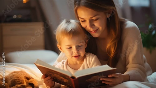 Mother sits on a cozy bed eading a book with her child at home  photo