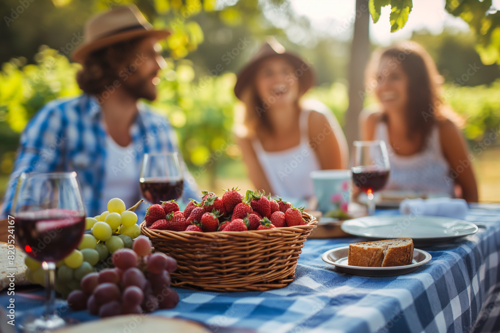 Happy friends have fun in the fresh air - Young people raise glasses of wine at the winery. The aura of a serene outdoor recreation Happy friends have fun in the fresh air - Young people raise glasses of wine at the winery. The aura of a serene outdoor recreation